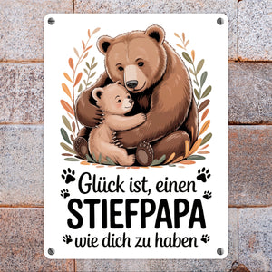 Glück ist einen Stiefpapa wie dich zu haben Bärenumarmung Metallschild in 15x20 cm Vatertag