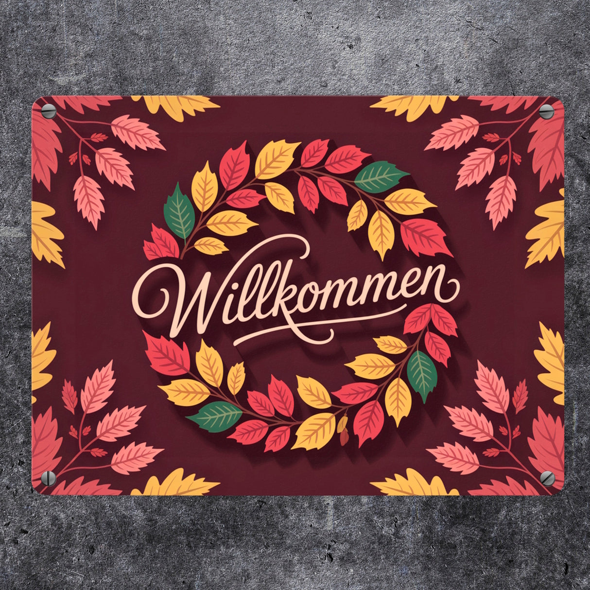 Willkommen Herbstlaub Kranz Metallschild in 15x20 cm