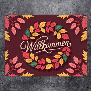 Willkommen Herbstlaub Kranz Metallschild in 15x20 cm