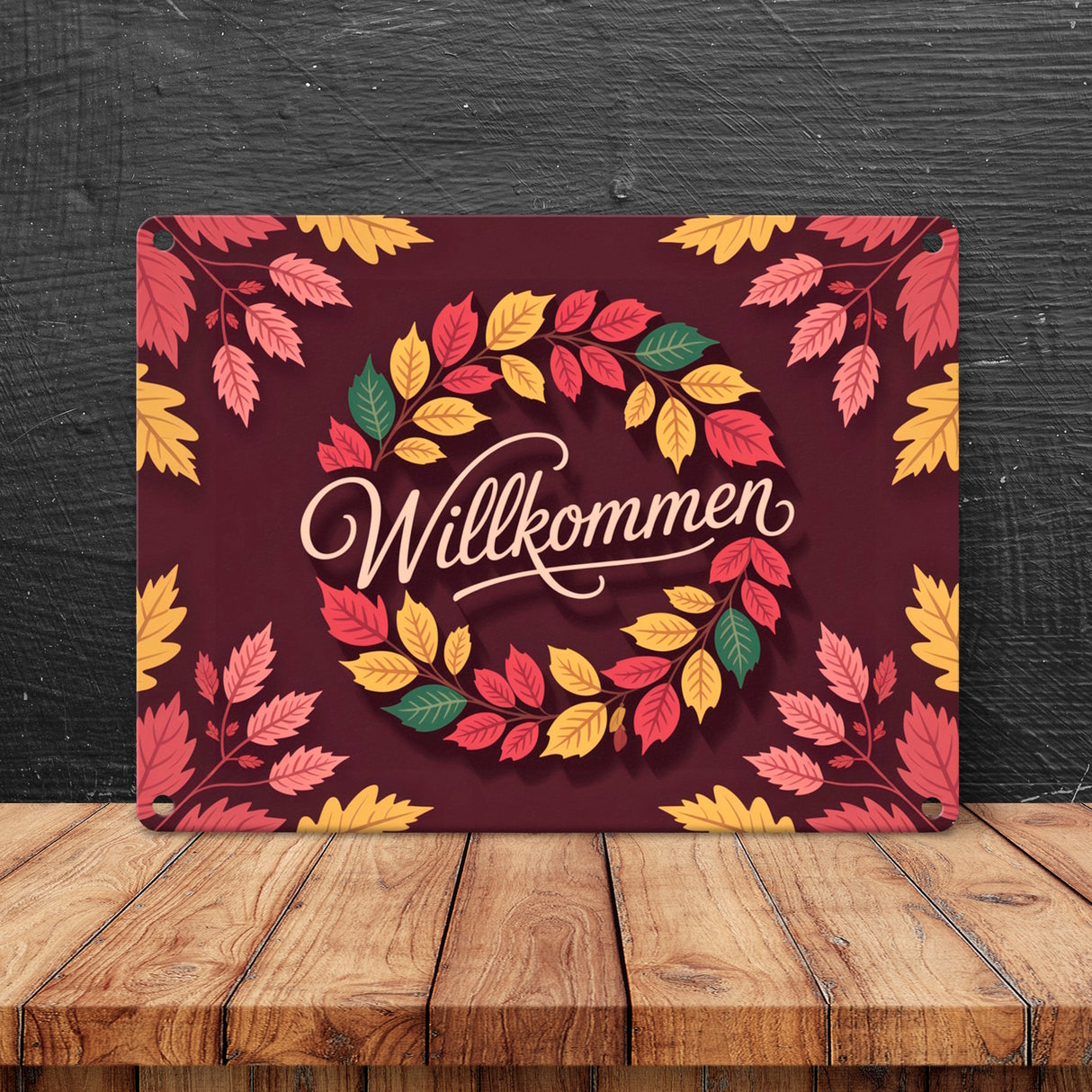 Willkommen Herbstlaub Kranz Metallschild in 15x20 cm