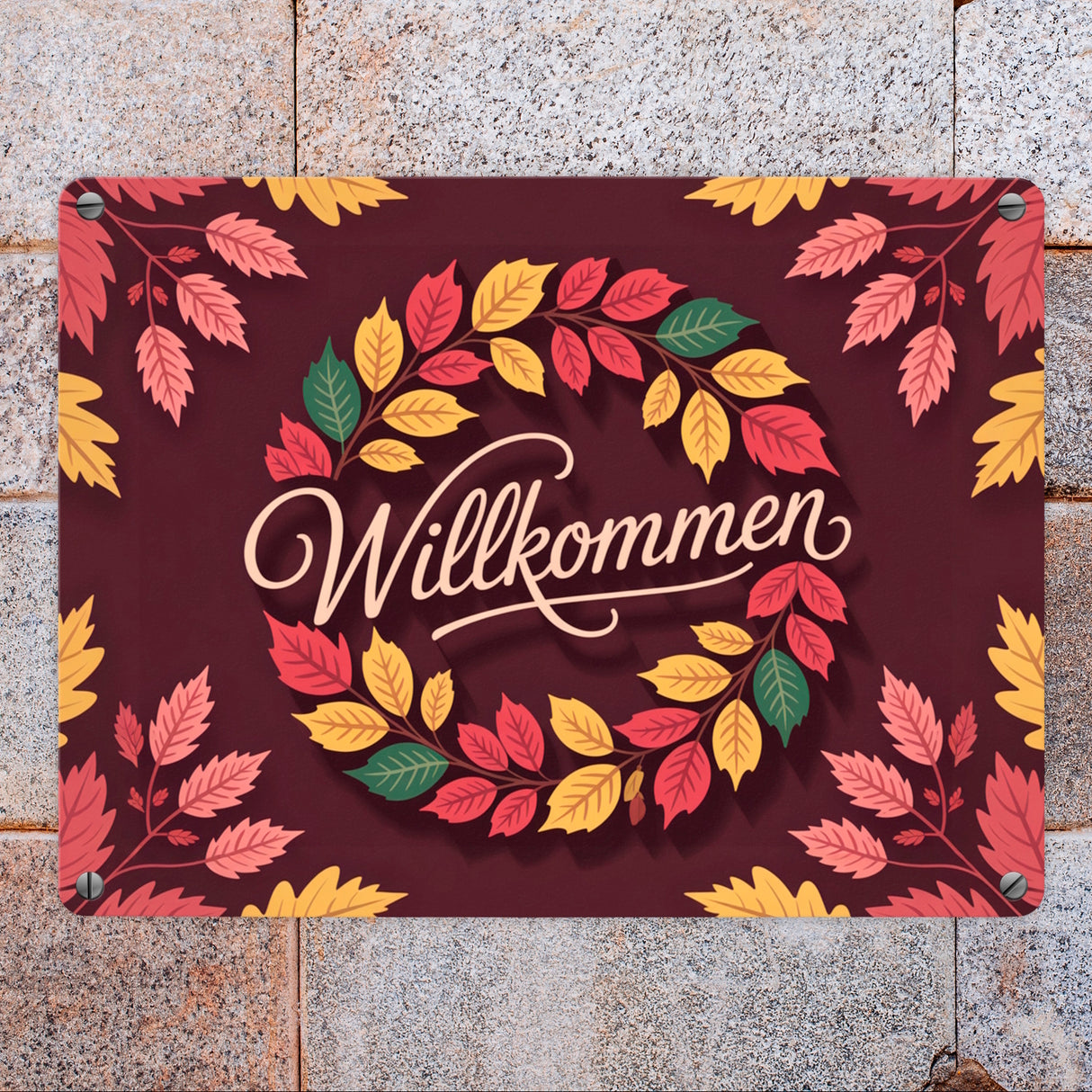 Willkommen Herbstlaub Kranz Metallschild in 15x20 cm