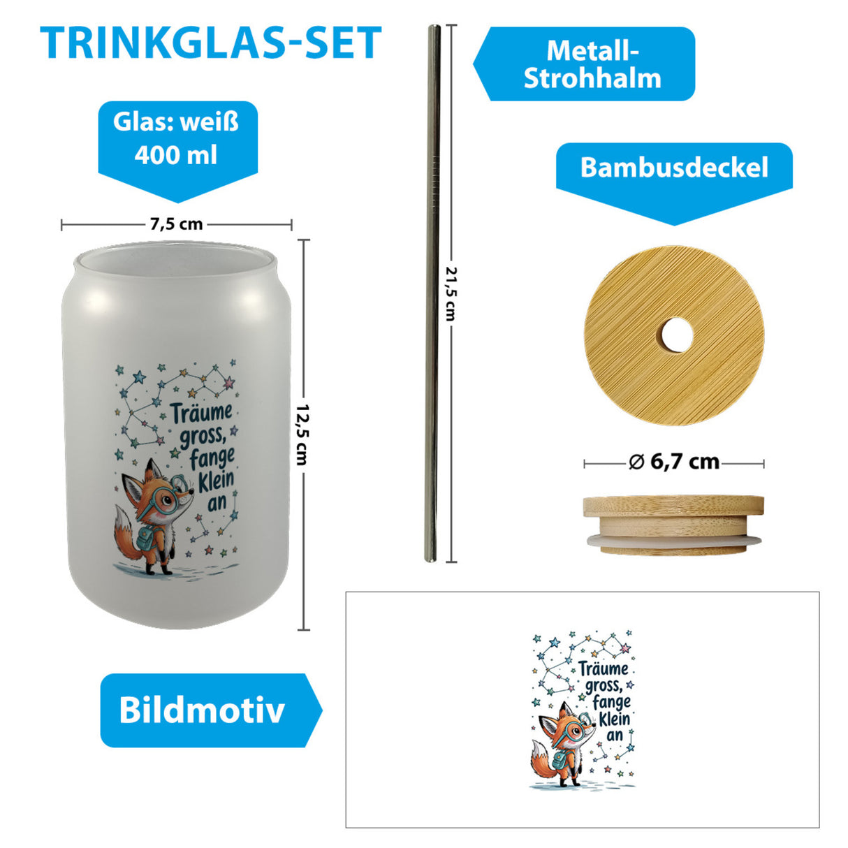 Fuchs mit Rucksack - Träume gross Trinkglas mit Bambusdeckel