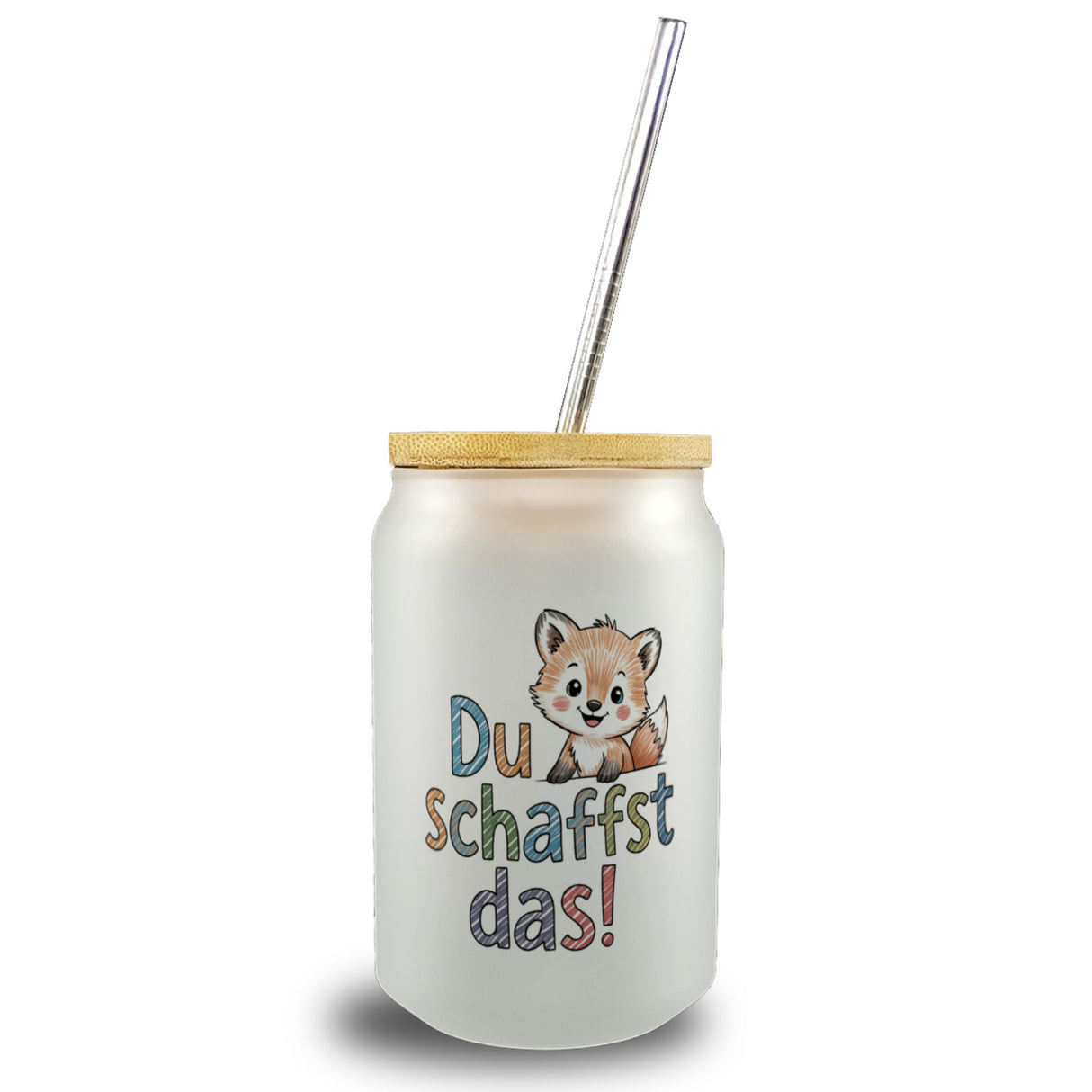 Fuchs mit Spruch Du schaffst das! Trinkglas mit Bambusdeckel