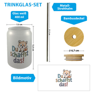 Fuchs mit Spruch Du schaffst das! Trinkglas mit Bambusdeckel