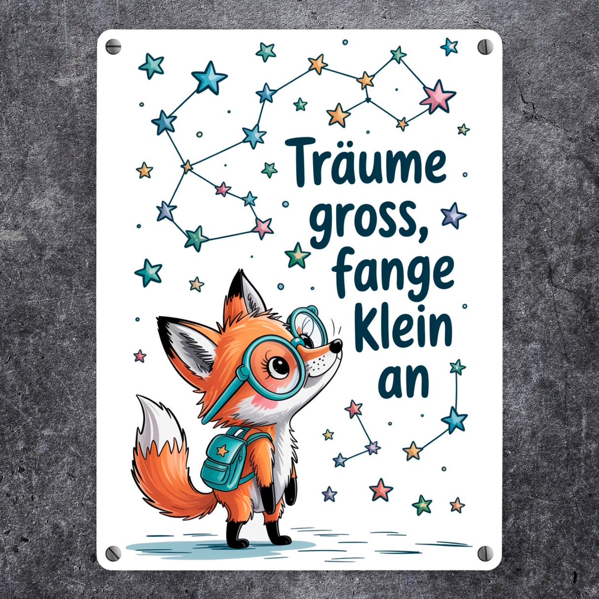Fuchs mit Rucksack - Träume gross Metallschild in 15x20 cm