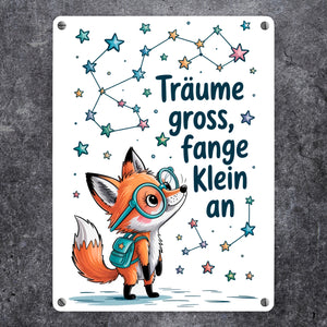 Fuchs mit Rucksack - Träume gross Metallschild in 15x20 cm