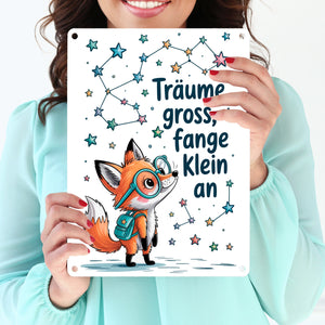 Fuchs mit Rucksack - Träume gross Metallschild in 15x20 cm