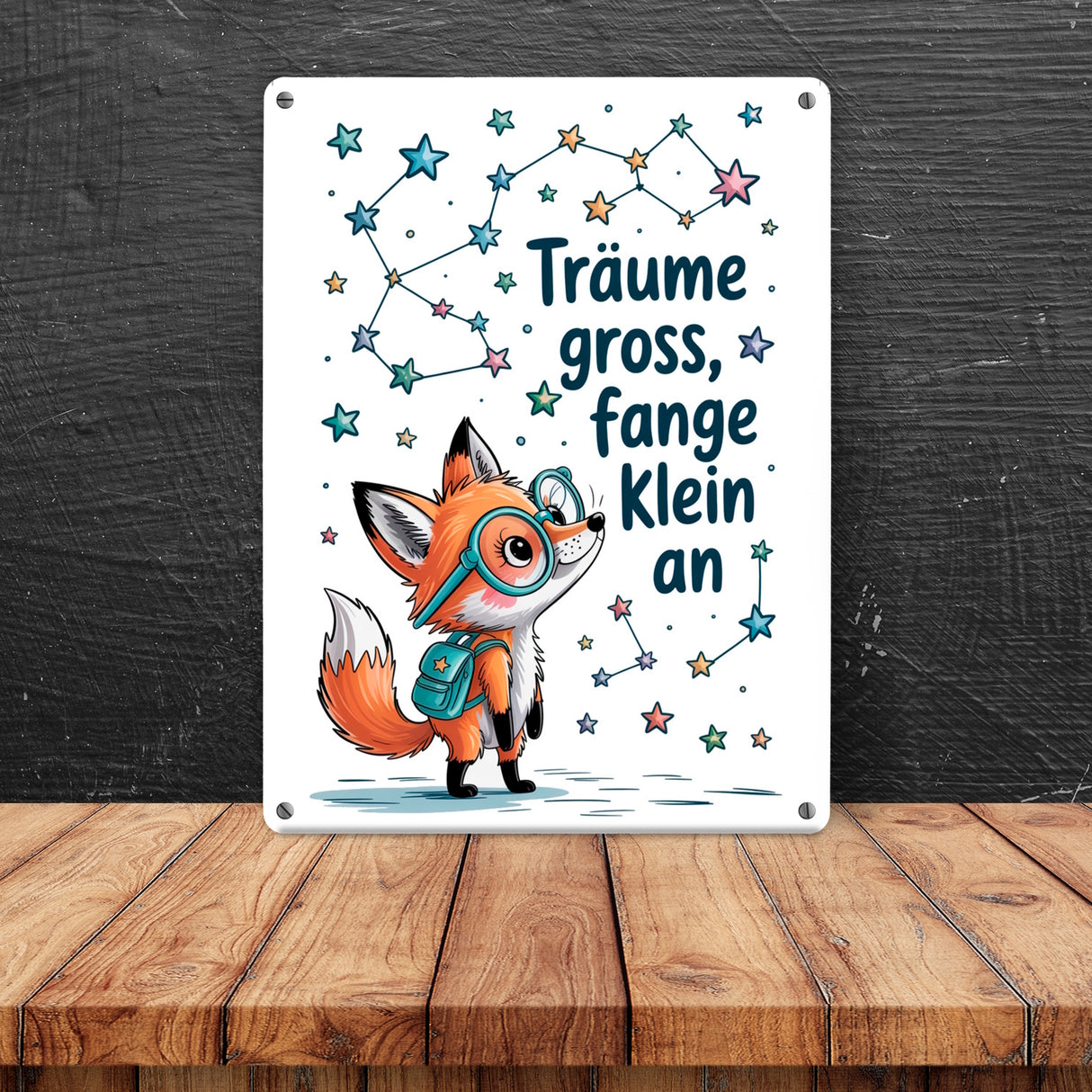 Fuchs mit Rucksack - Träume gross Metallschild in 15x20 cm