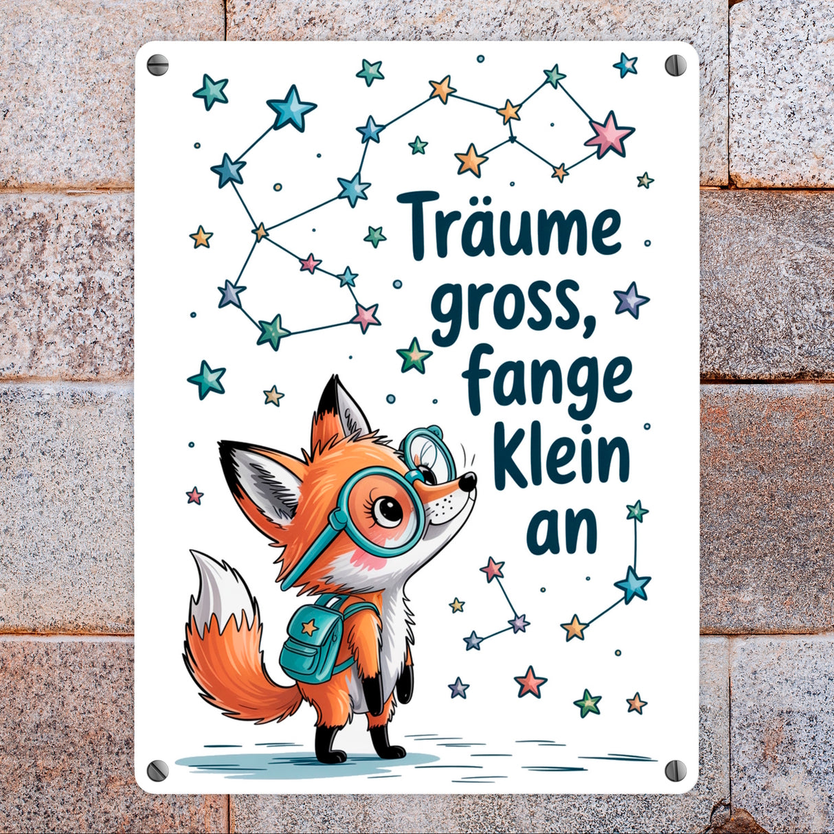 Fuchs mit Rucksack - Träume gross Metallschild in 15x20 cm