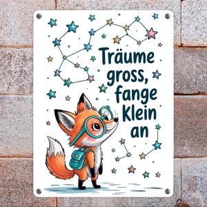 Fuchs mit Rucksack - Träume gross Metallschild in 15x20 cm