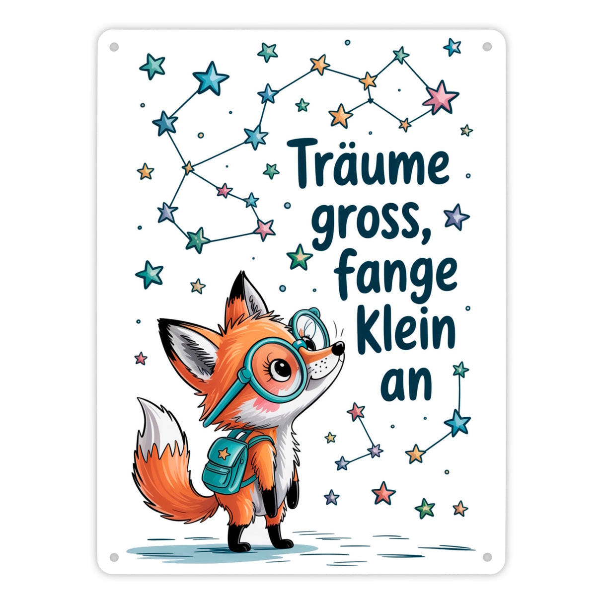 Fuchs mit Rucksack - Träume gross Metallschild in 15x20 cm