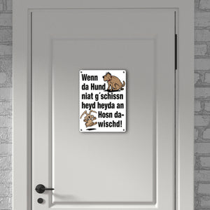 Hund und Hase Metallschild in 15x20 cm mit Spruch Hund gschissn, Hosn dawischd nicht!