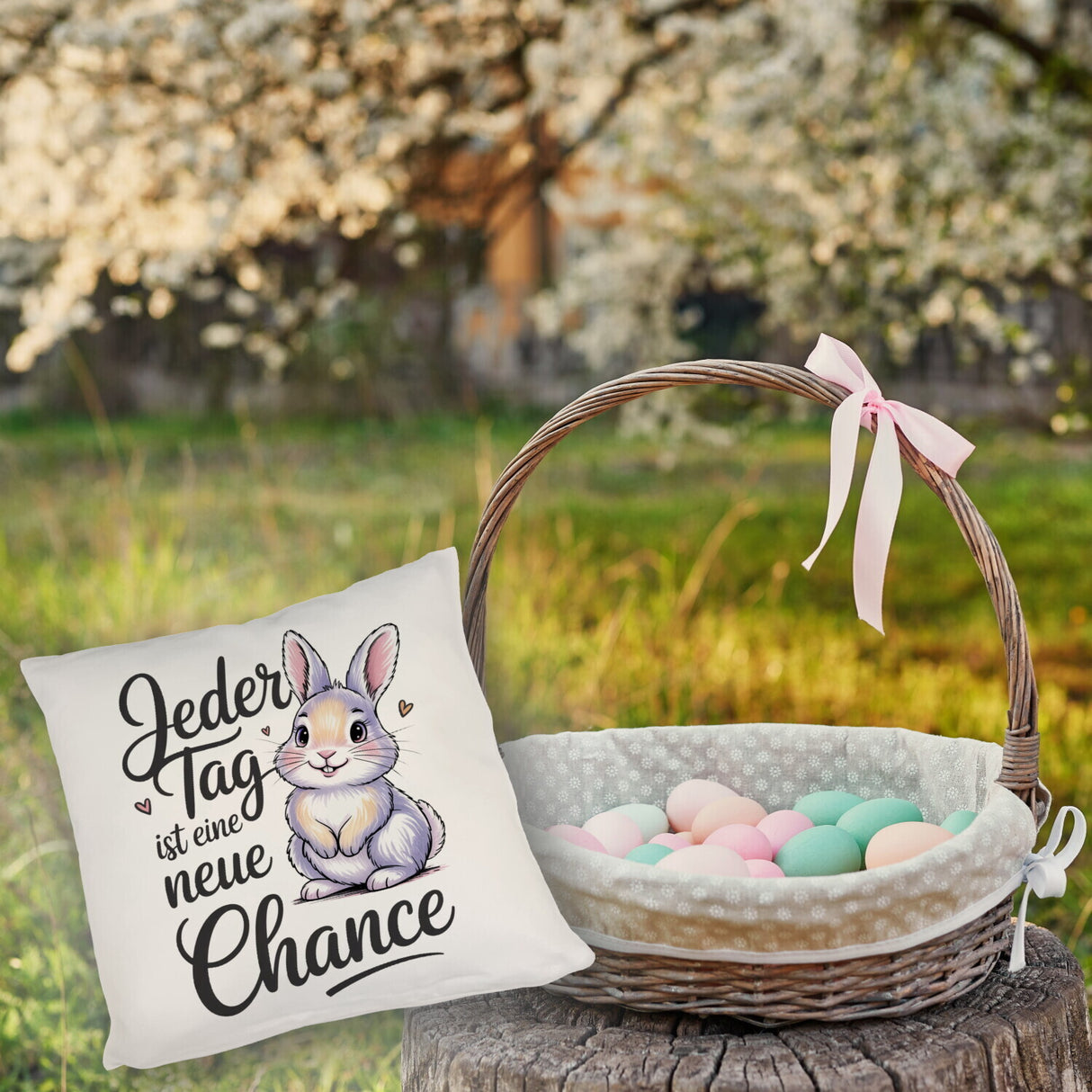 Hase mit Herzen Jeder Tag ist eine neue Chance Spruch Kissen