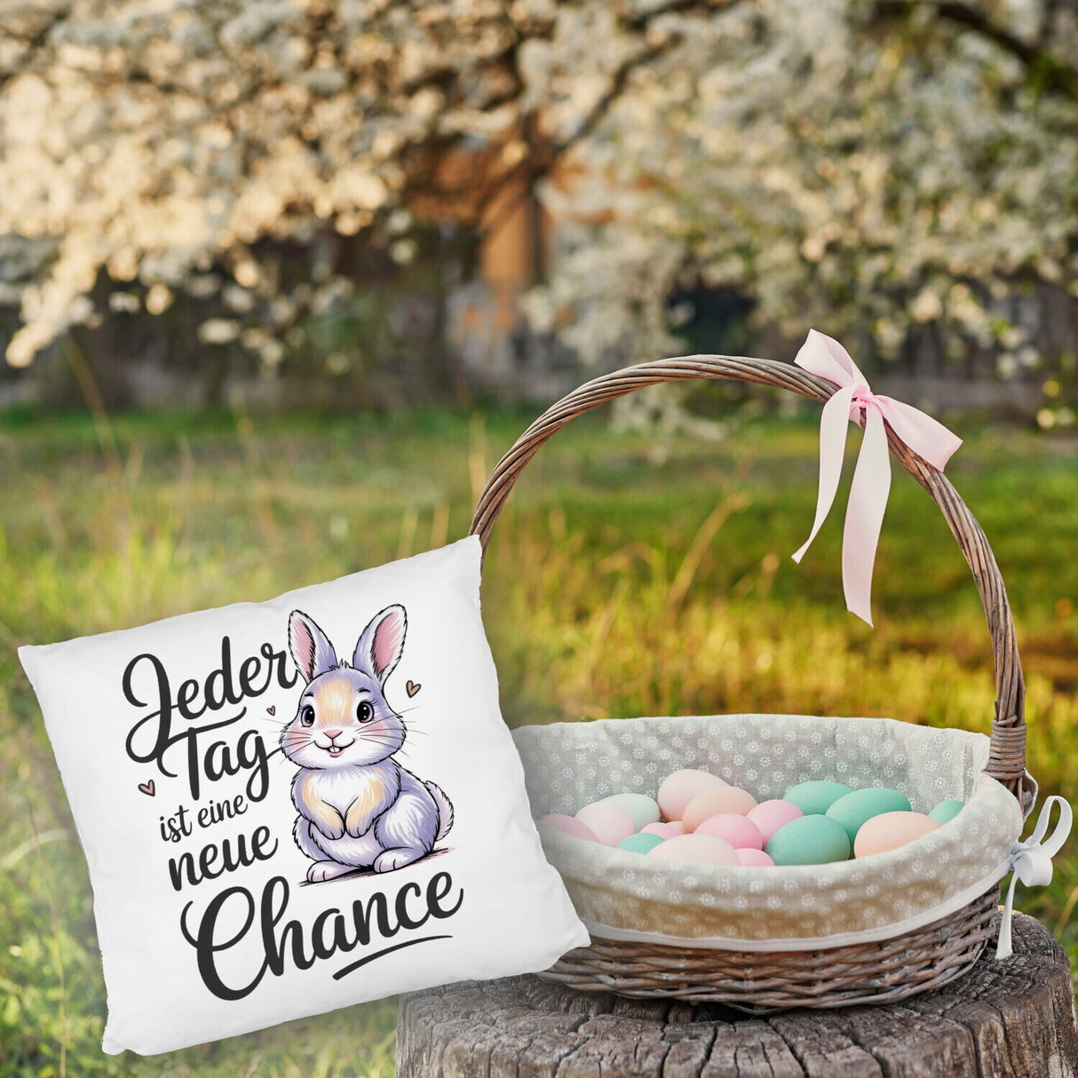 Hase mit Herzen Jeder Tag ist eine neue Chance Spruch Kissen
