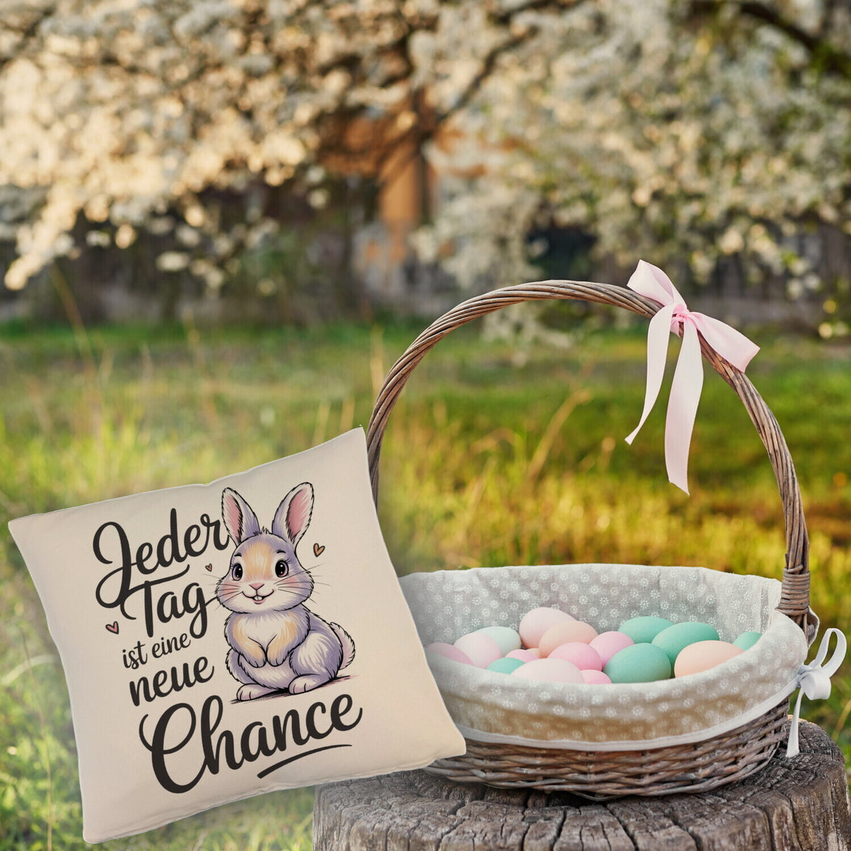 Hase mit Herzen Jeder Tag ist eine neue Chance Spruch Kissen