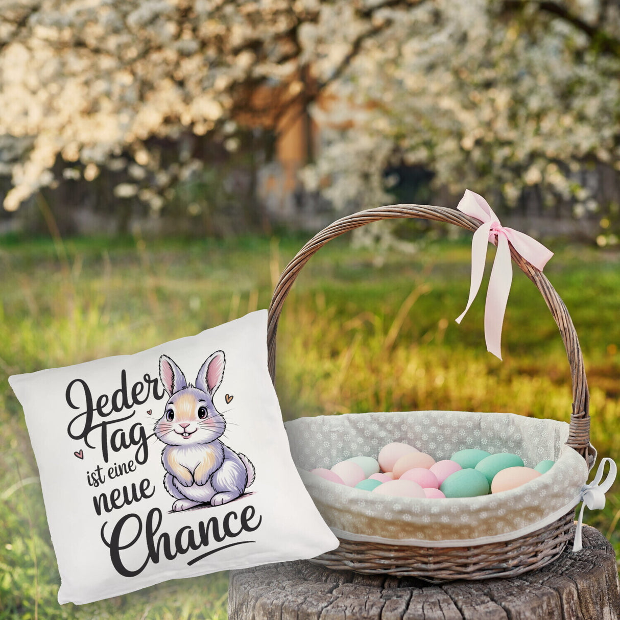 Hase mit Herzen Jeder Tag ist eine neue Chance Spruch Kissen