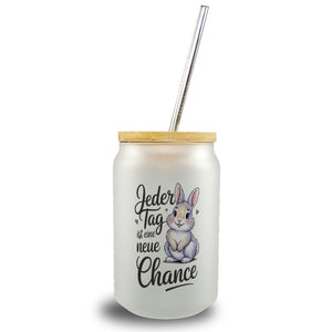 Hase mit Herzen Jeder Tag ist eine neue Chance Spruch Trinkglas mit Bambusdeckel
