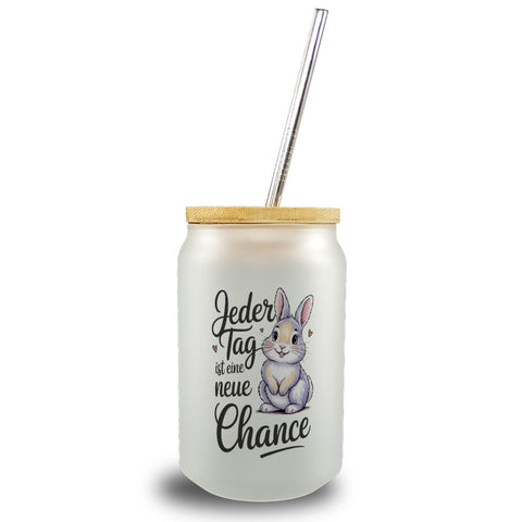 Hase mit Herzen Jeder Tag ist eine neue Chance Spruch Trinkglas mit Bambusdeckel