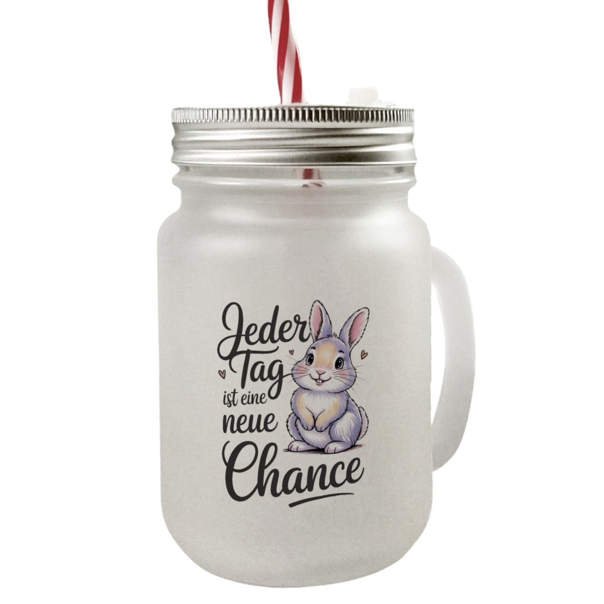 Hase mit Herzen Jeder Tag ist eine neue Chance Spruch Trinkglas mit Bambusdeckel