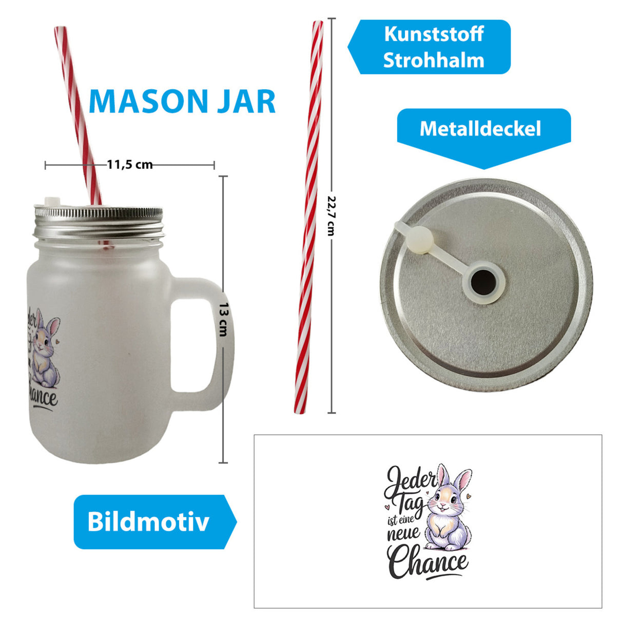 Hase mit Herzen Jeder Tag ist eine neue Chance Spruch Trinkglas mit Bambusdeckel