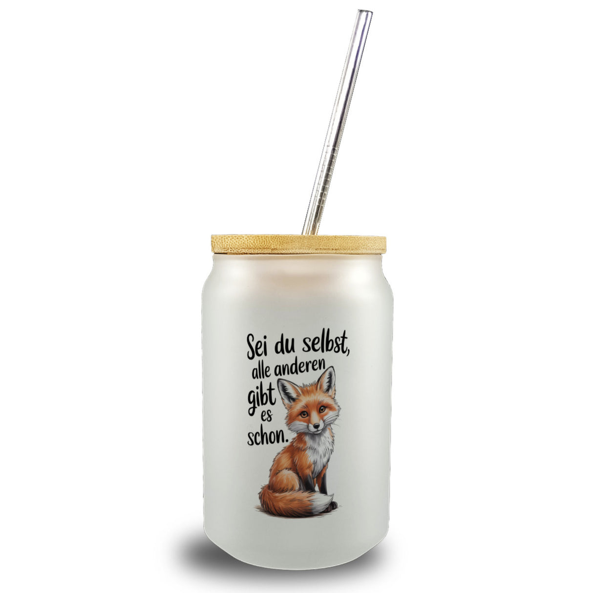 Neugieriger Fuchs Trinkglas mit Bambusdeckel Spruch sei du selbst