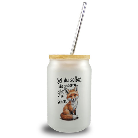Neugieriger Fuchs Trinkglas mit Bambusdeckel Spruch sei du selbst