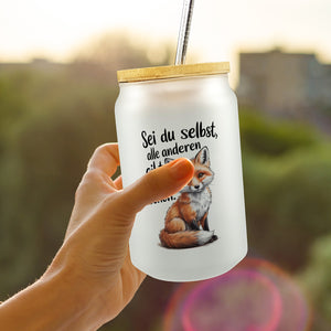 Neugieriger Fuchs Trinkglas mit Bambusdeckel Spruch sei du selbst