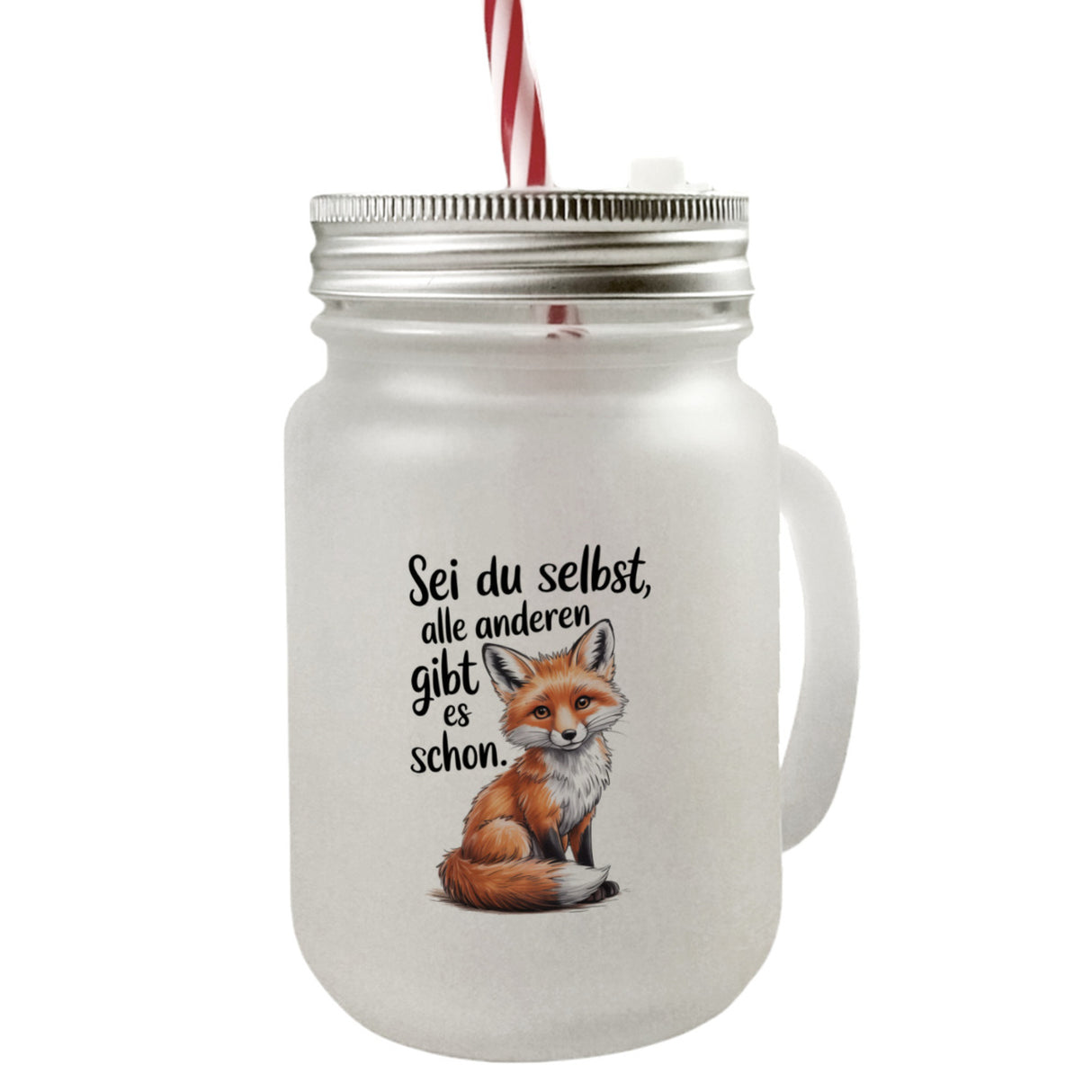 Neugieriger Fuchs Trinkglas mit Bambusdeckel Spruch sei du selbst