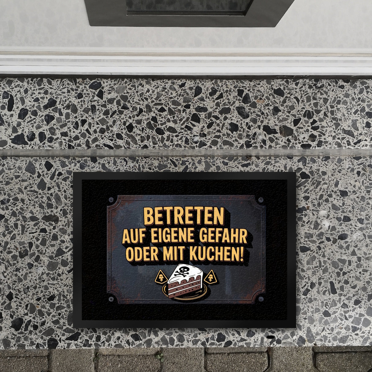 Totenkopf Fußmatte in 35x50 cm mit Kuchenwarnung für Vintage-Fans
