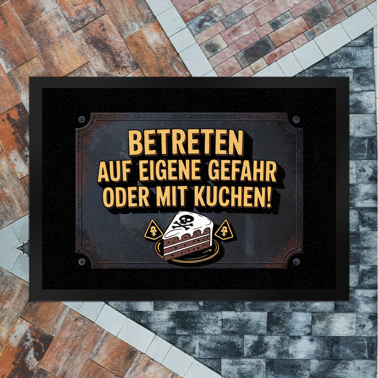 Totenkopf Fußmatte in 35x50 cm mit Kuchenwarnung für Vintage-Fans