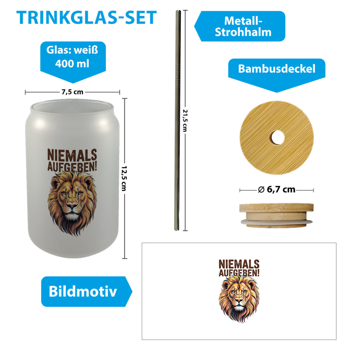 Löwenkopf Niemals aufgeben Trinkglas mit Bambusdeckel für Motivation