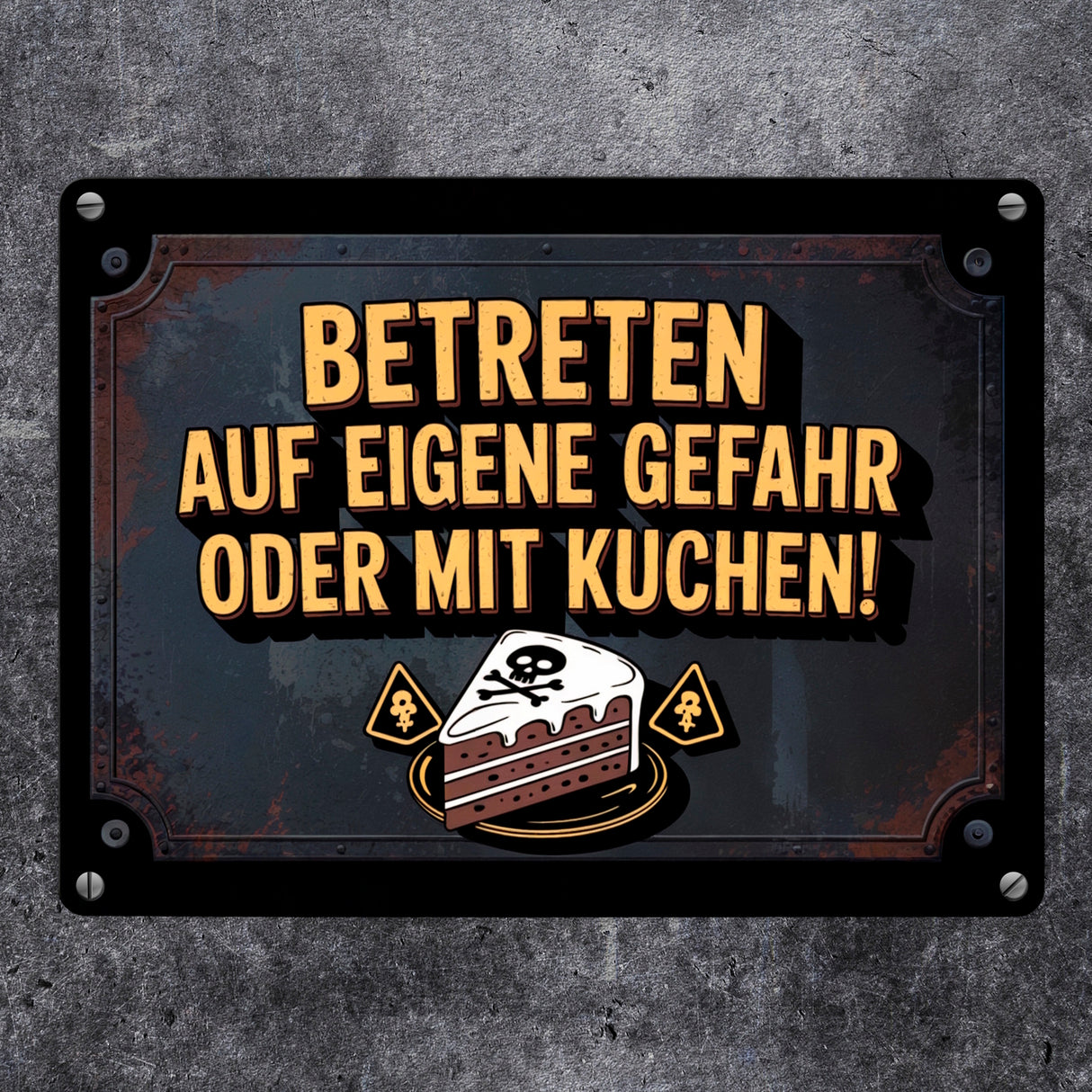 Totenkopf Metallschild in 15x20 cm mit Kuchenwarnung für Vintage-Fans