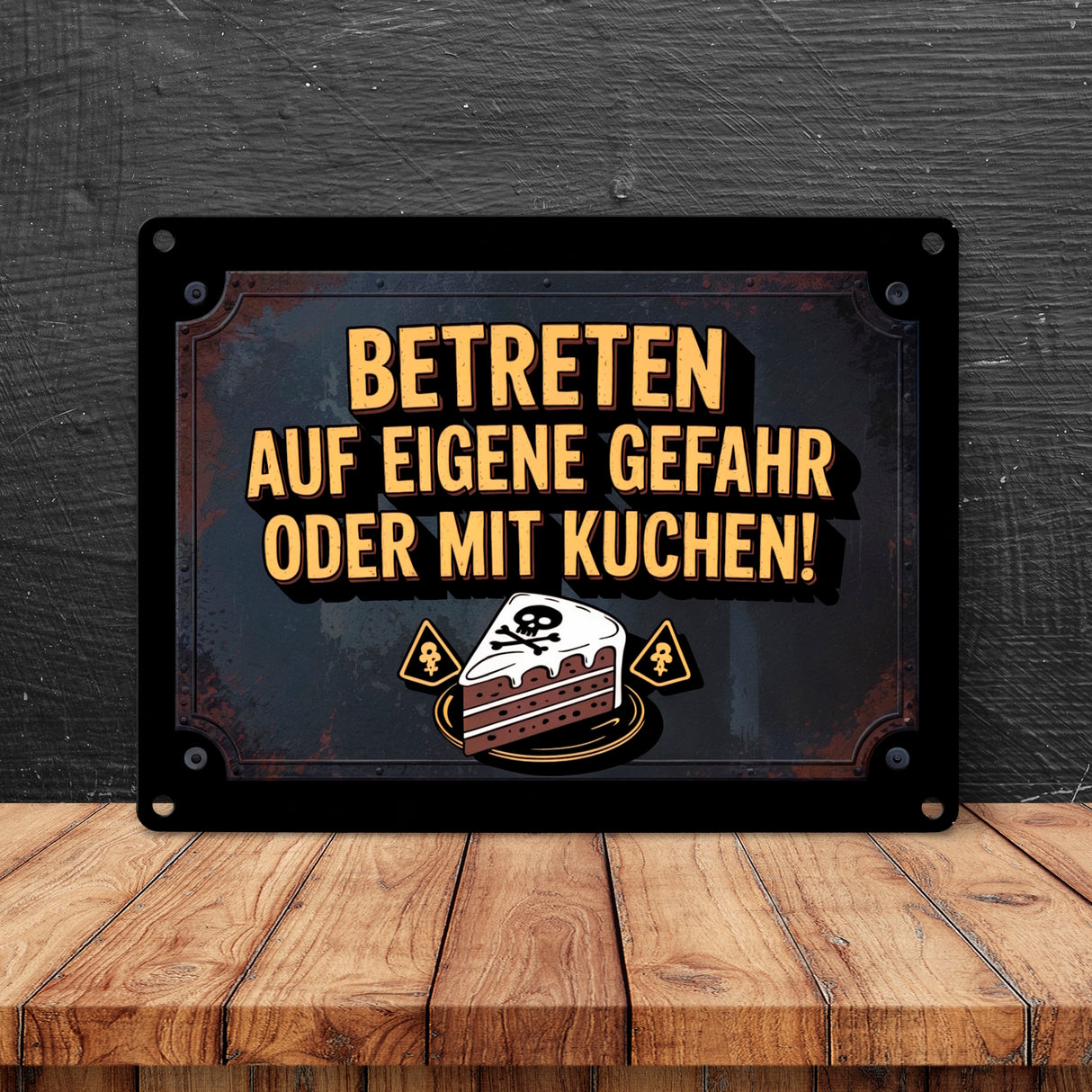 Totenkopf Metallschild in 15x20 cm mit Kuchenwarnung für Vintage-Fans