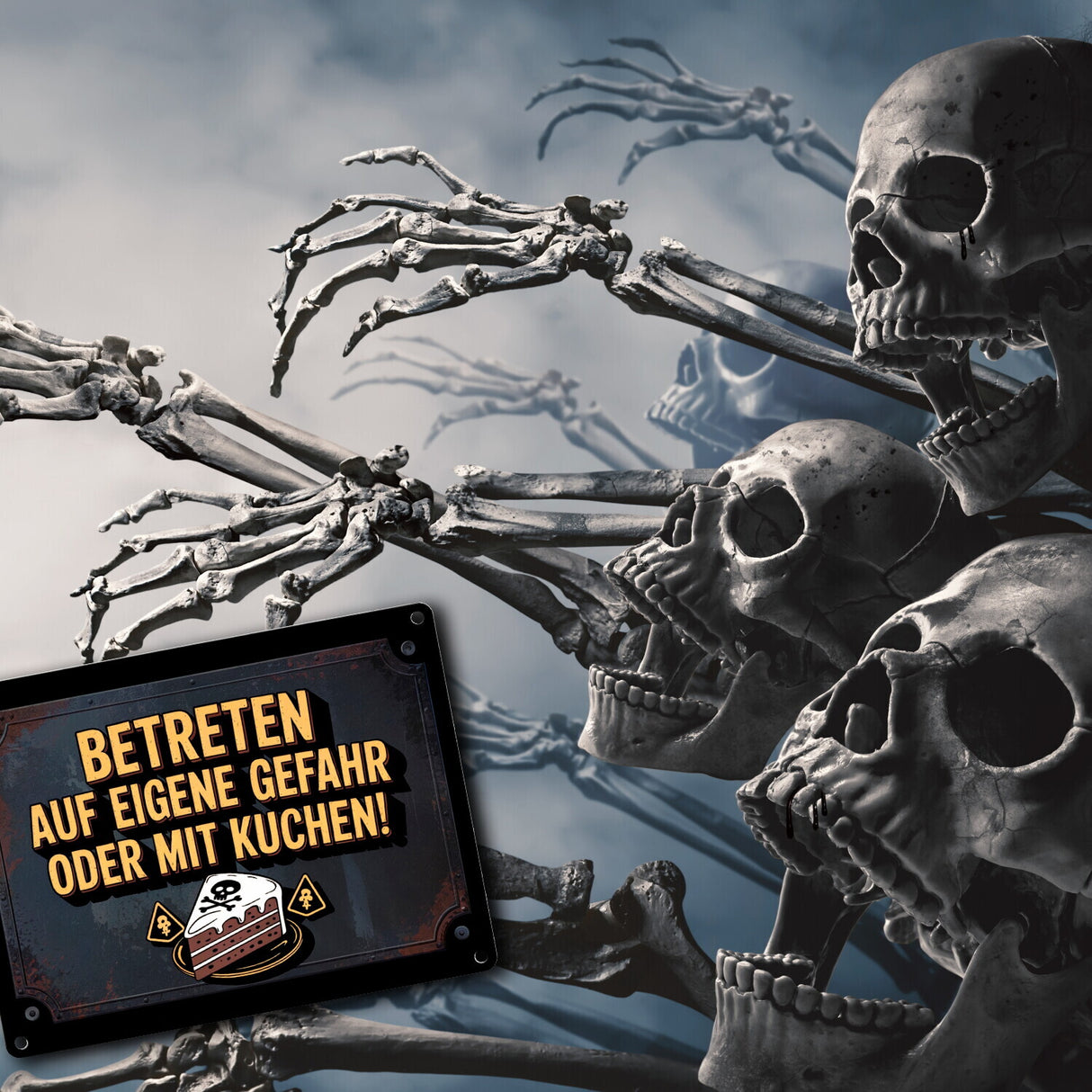 Totenkopf Metallschild in 15x20 cm mit Kuchenwarnung für Vintage-Fans