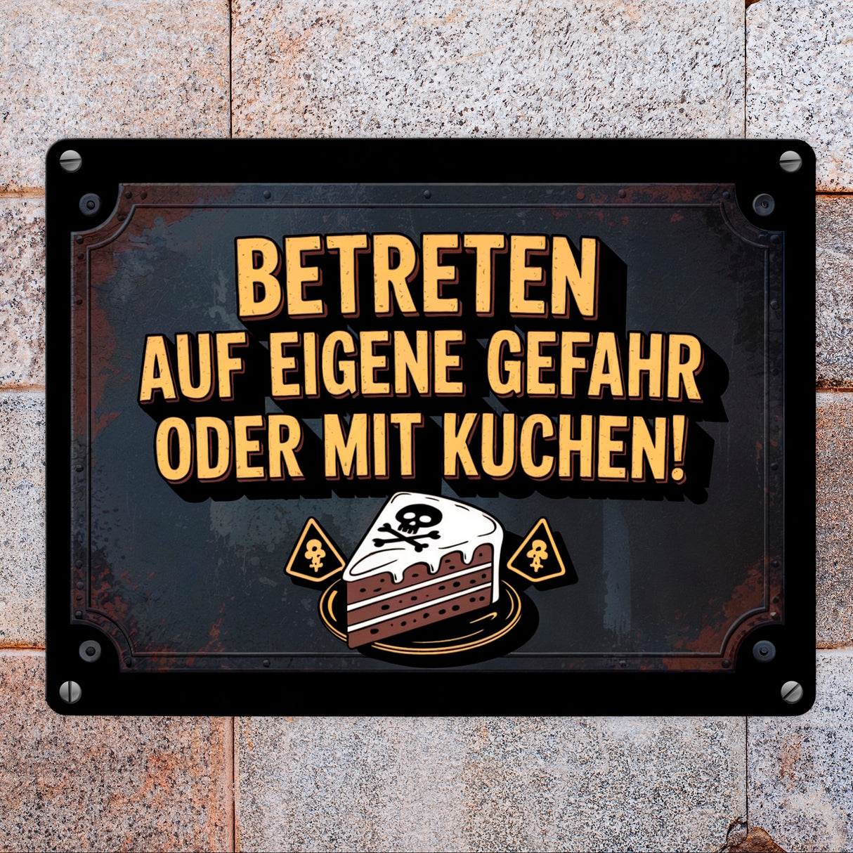 Totenkopf Metallschild in 15x20 cm mit Kuchenwarnung für Vintage-Fans