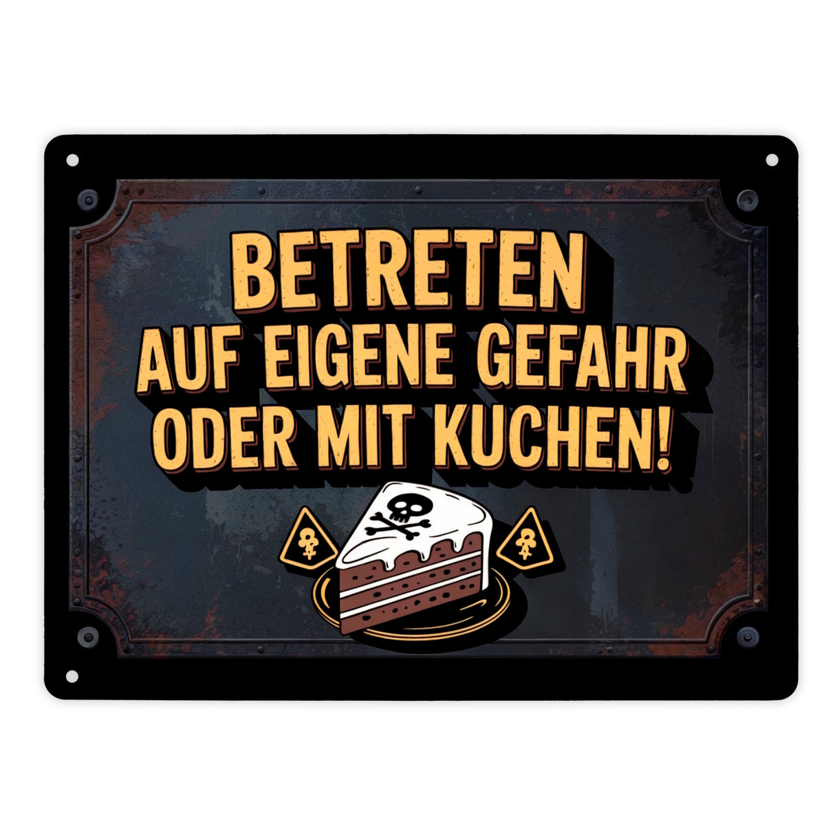 Totenkopf Metallschild in 15x20 cm mit Kuchenwarnung für Vintage-Fans