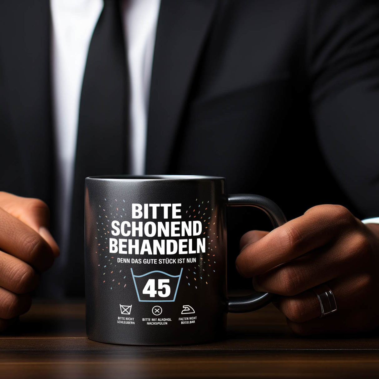 Wäschepflegeetikett Kaffeebecher bitte schonend behandeln wird 45