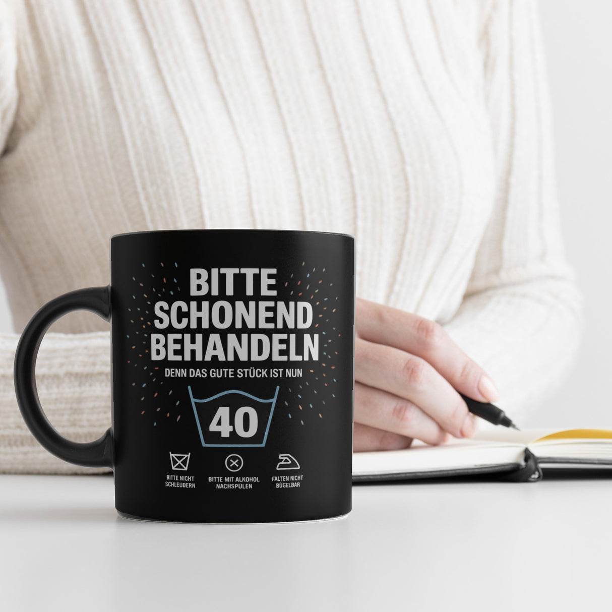 Wäschepflegeetikett Kaffeebecher bitte schonend behandeln wird 40