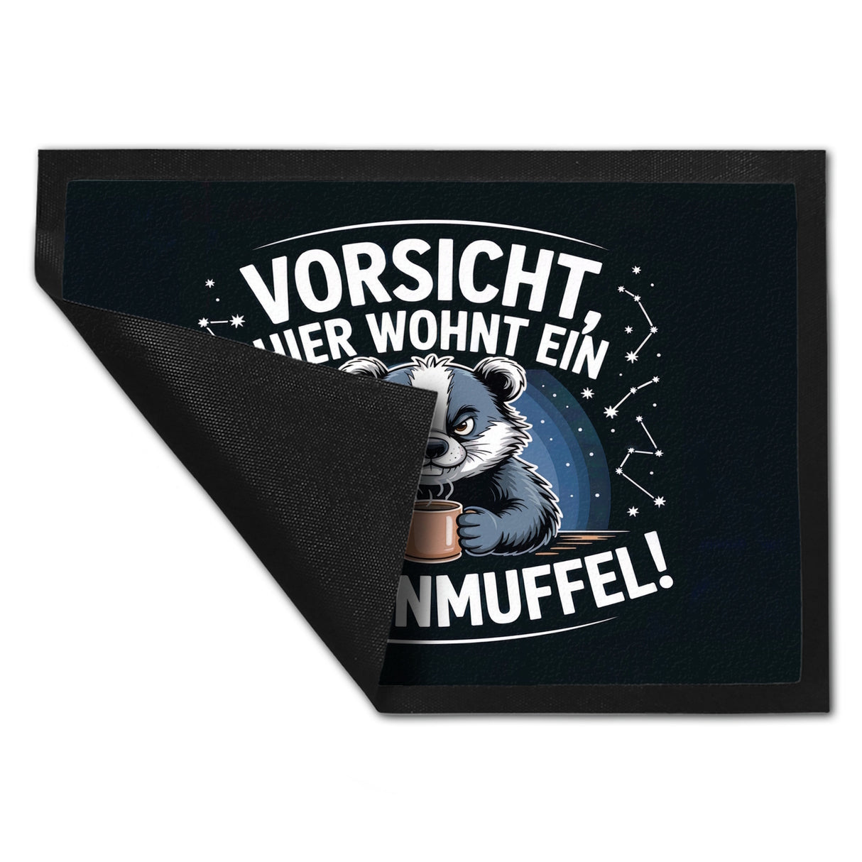 Vorsicht, hier wohnt ein Morgenmuffel! Fußmatte in 35x50 cm Dachs mit Kaffeebecher