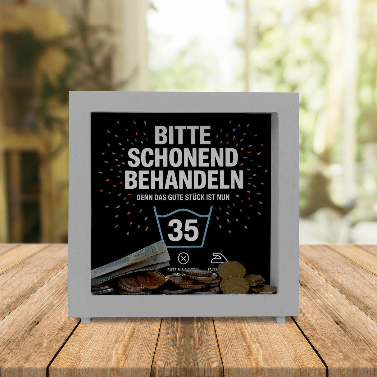Wäschepflegeetikett Spardose bitte schonend behandeln wird 35