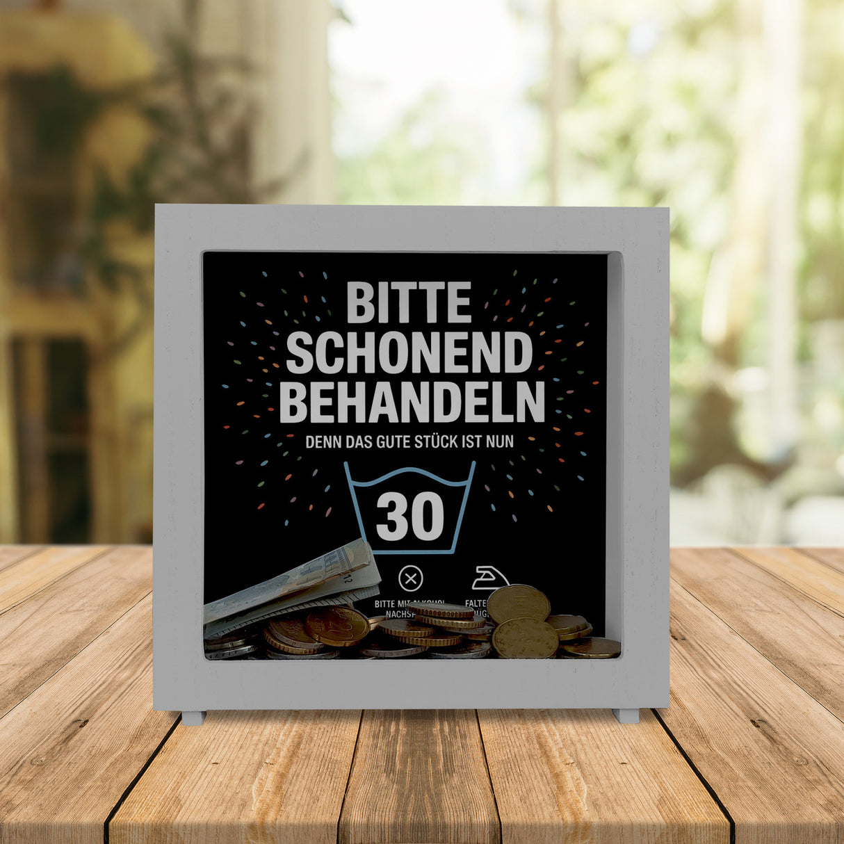 Wäschepflegeetikett Spardose bitte schonend behandeln wird 30