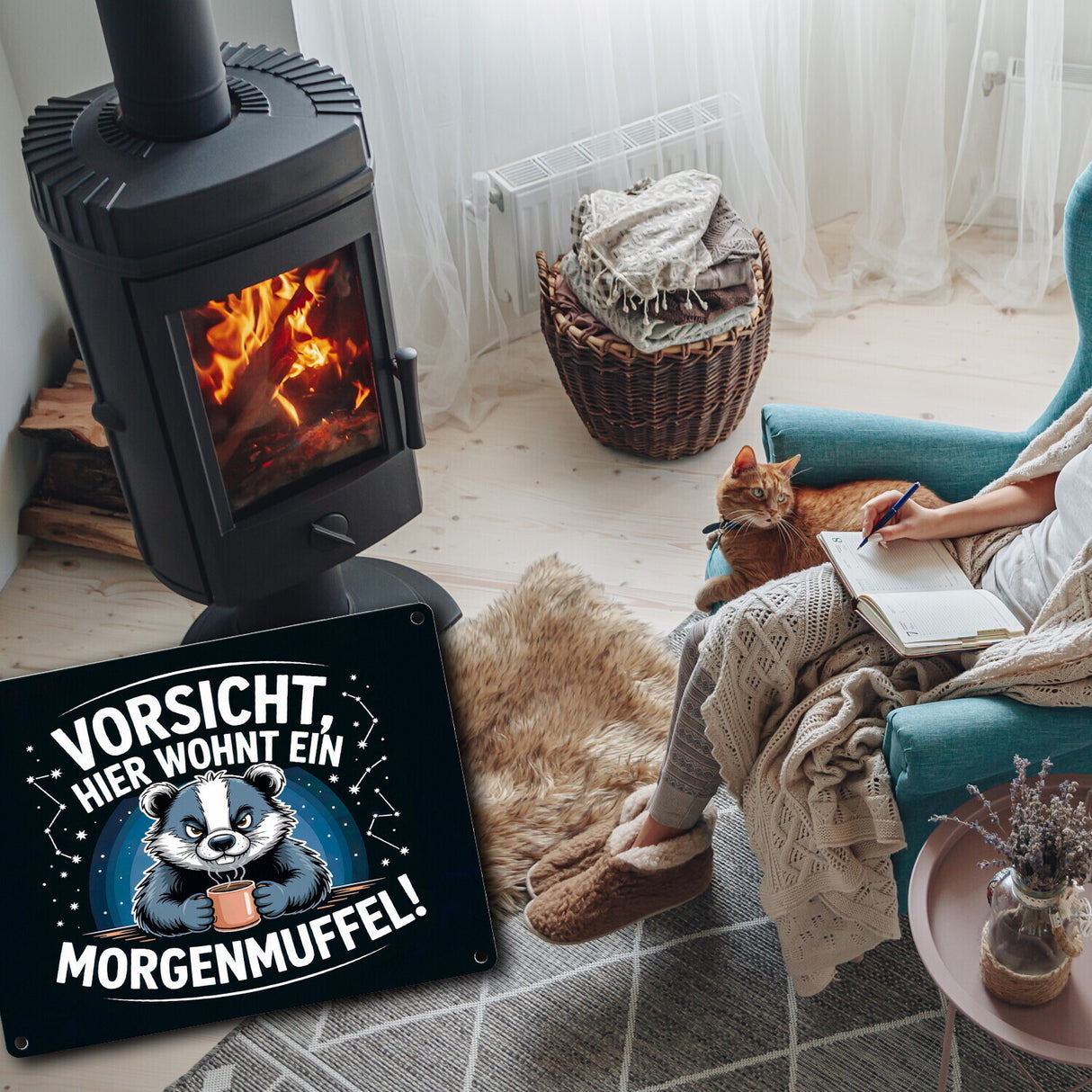 Vorsicht, hier wohnt ein Morgenmuffel! Metallschild in 15x20 cm Dachs mit Kaffeebecher