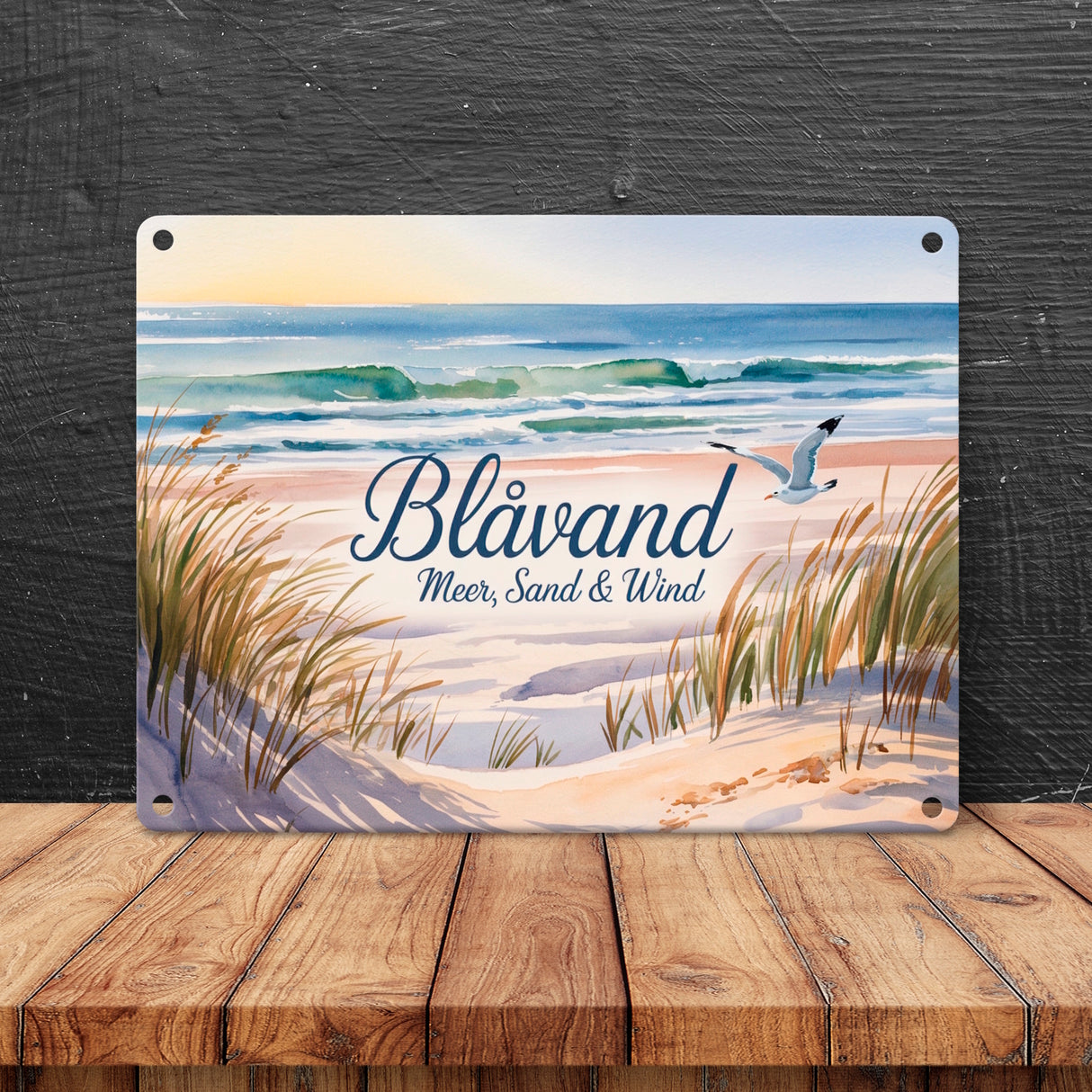Blåvand – Meer, Sand & Wind Metallschild in 15x20 cm mit Möwe für Dänemark-Fans