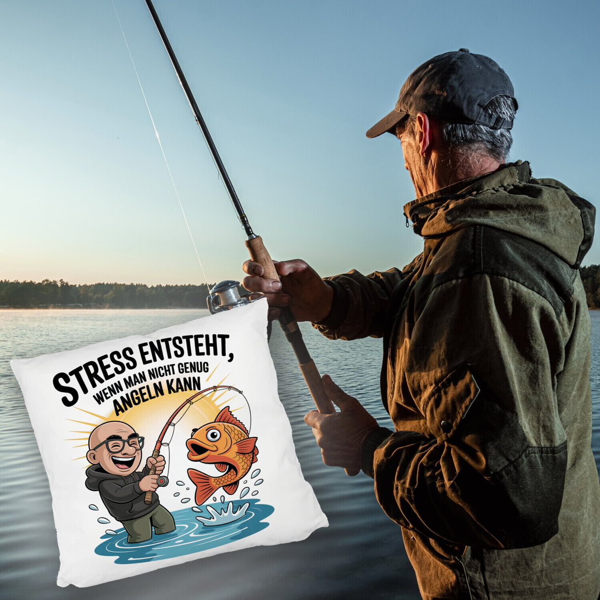 Fröhlicher Angler Spruch Kissen für Angelfans