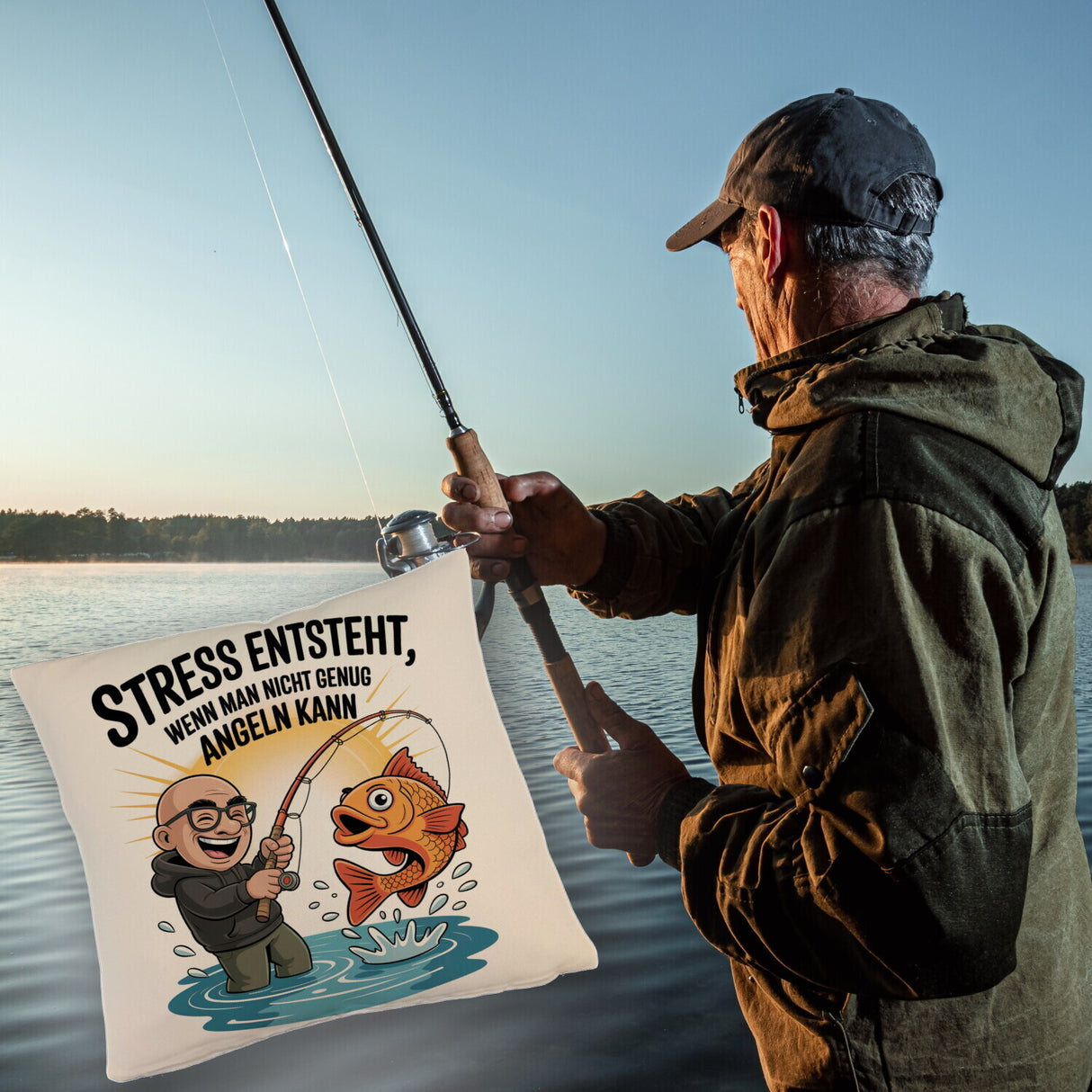 Fröhlicher Angler Spruch Kissen für Angelfans