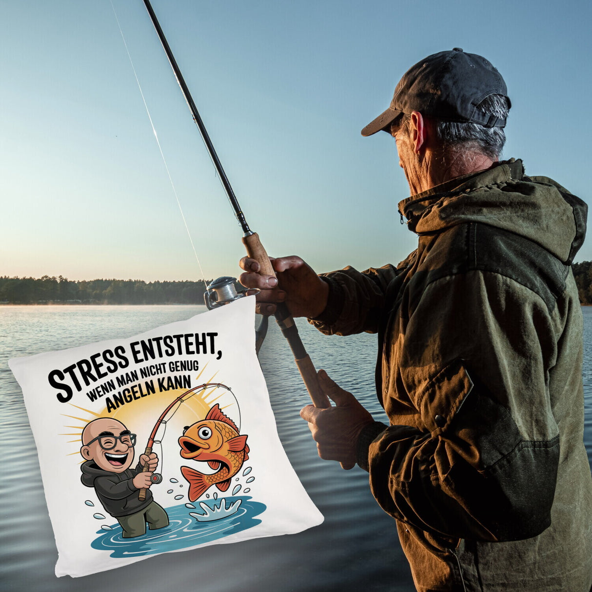 Fröhlicher Angler Spruch Kissen für Angelfans