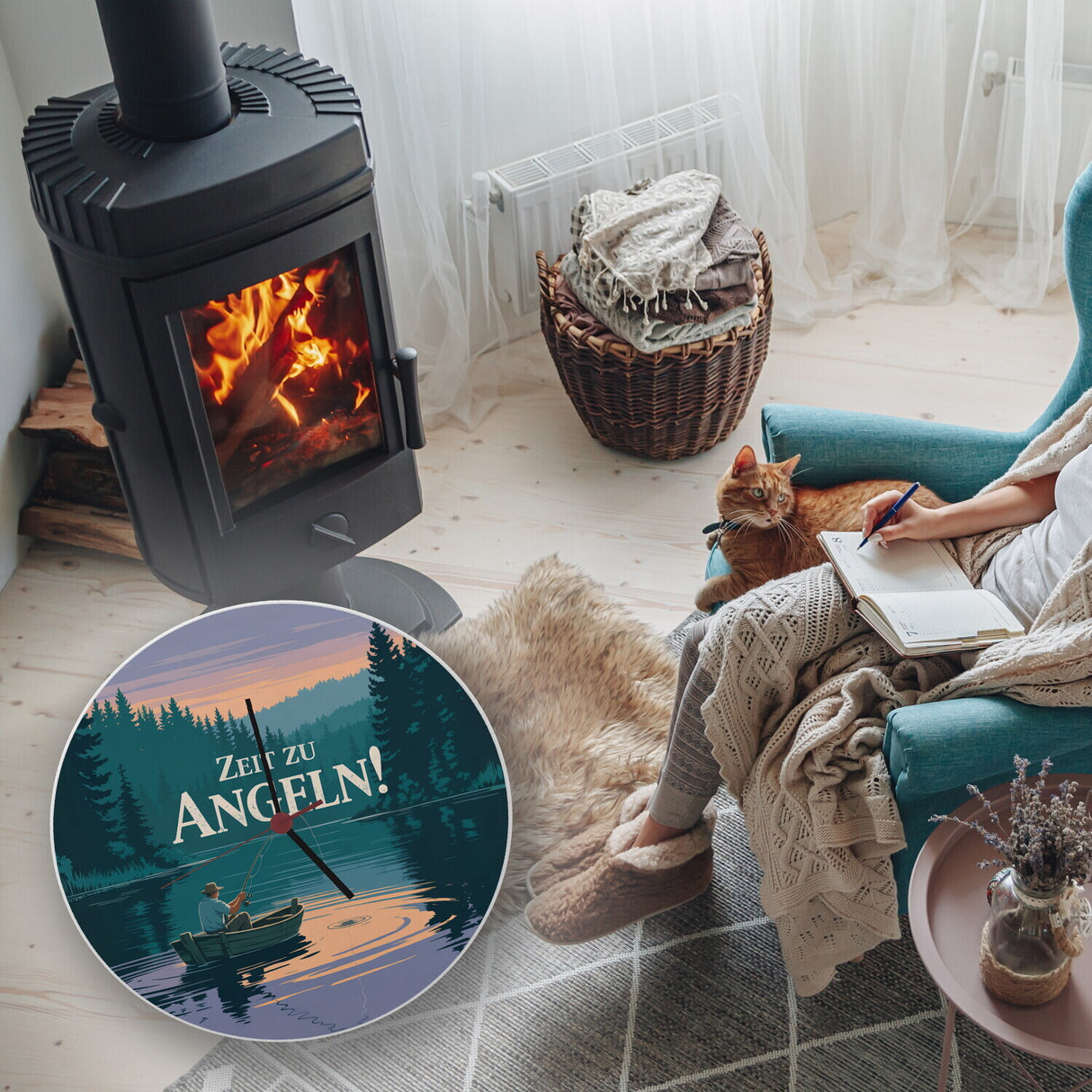 Angler am See - Zeit zu Angeln! Wanduhr