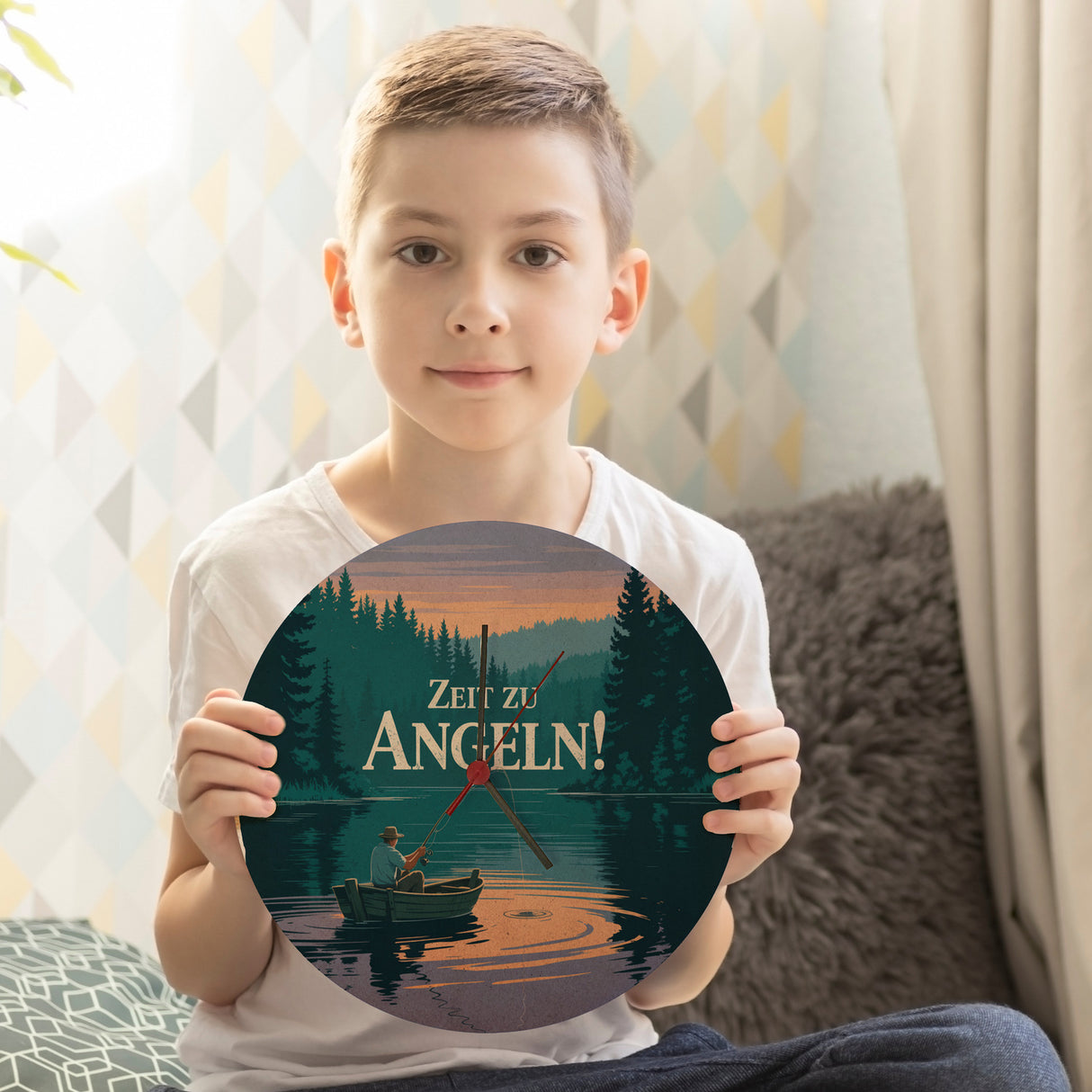 Angler am See - Zeit zu Angeln! Wanduhr