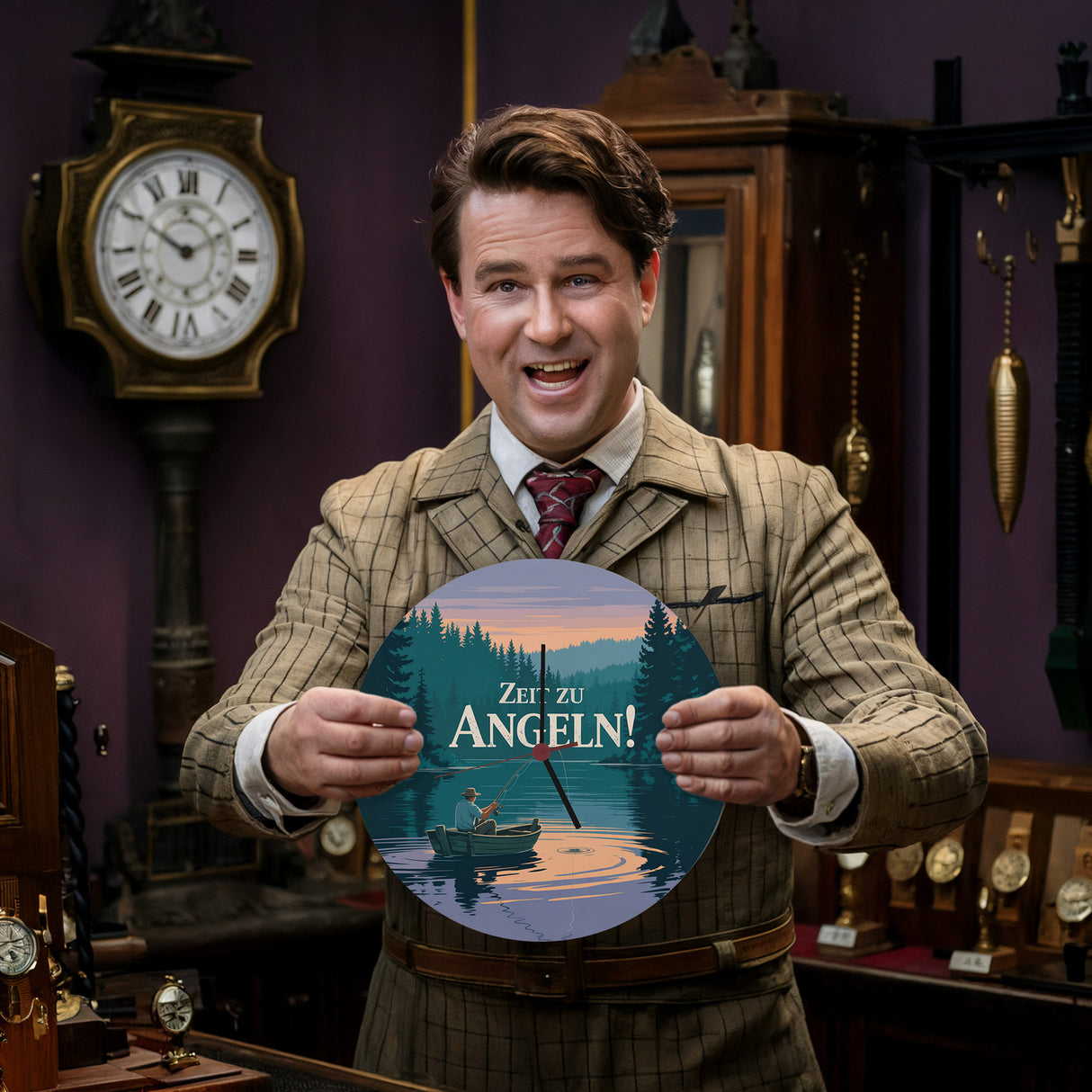 Angler am See - Zeit zu Angeln! Wanduhr