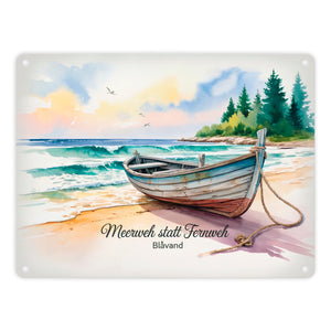 Meerweh statt Fernweh Blåvand Metallschild in 15x20 cm mit Holzboot